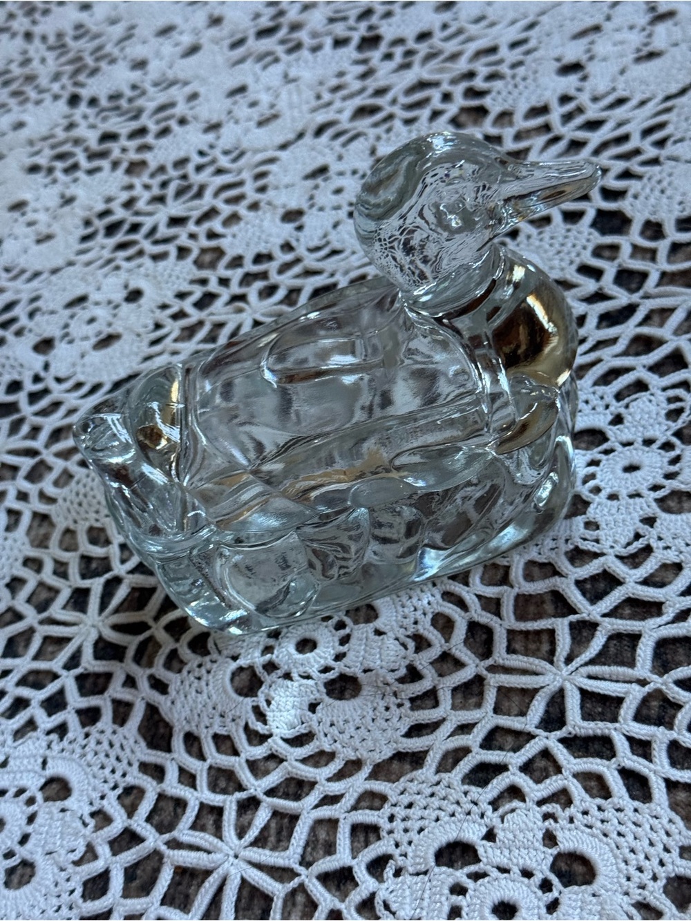 Vintage Clear Glass Duck Trinket Dish / Bird Figurine Decor